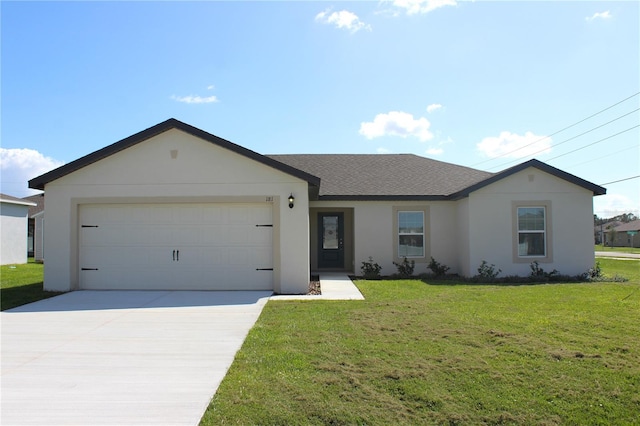 single story home with a front yard and a garage