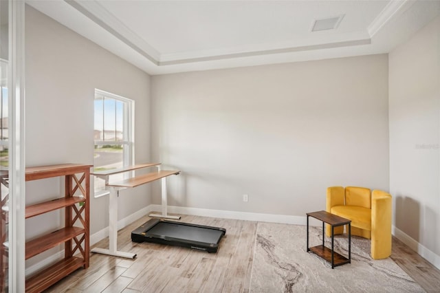 exercise area featuring a tray ceiling, light hardwood / wood-style flooring, and crown molding