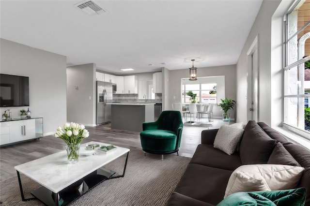 living area featuring wood finished floors, visible vents, and baseboards