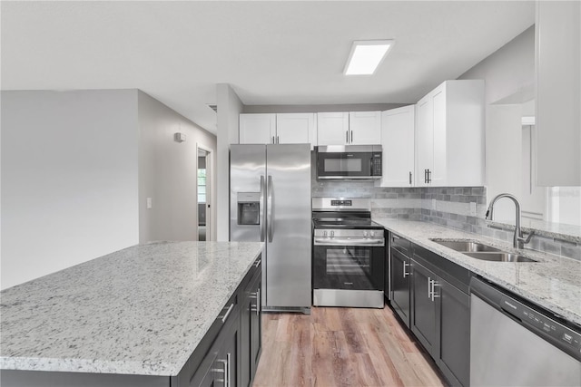 kitchen featuring stainless steel appliances, light stone counters, a sink, and white cabinets