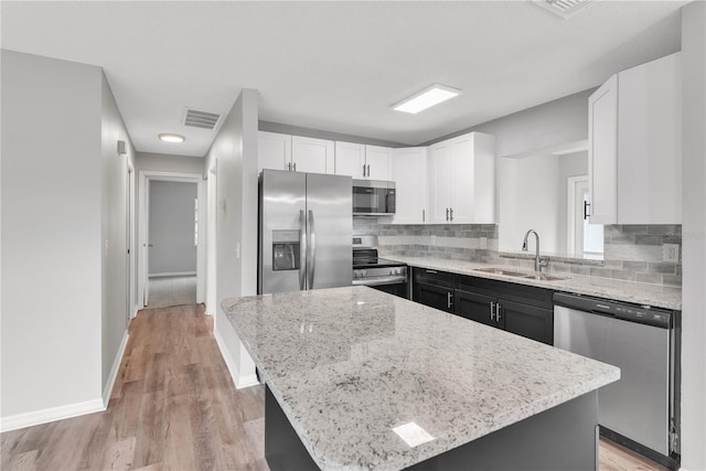 kitchen with visible vents, a center island, stainless steel appliances, white cabinetry, and a sink