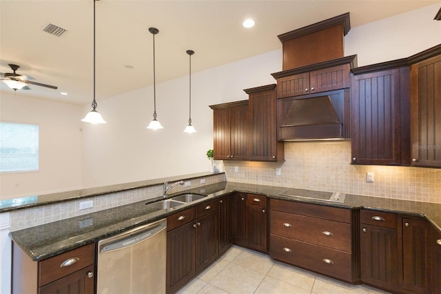 kitchen featuring stainless steel dishwasher, custom exhaust hood, electric stovetop, sink, and decorative light fixtures