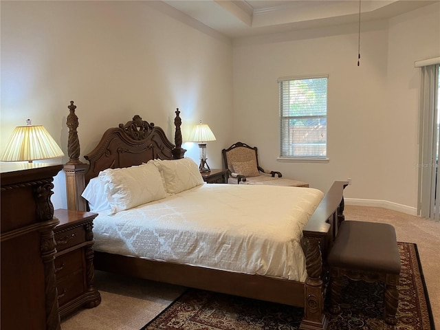 carpeted bedroom with a raised ceiling