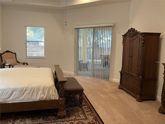 carpeted bedroom with a tray ceiling and multiple windows