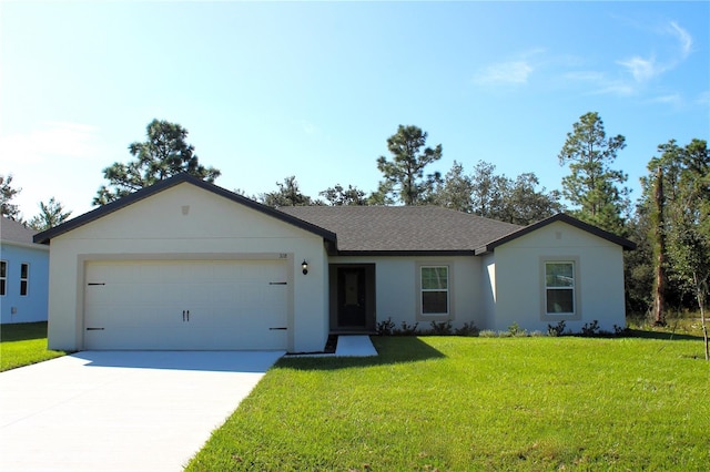 ranch-style home with a front lawn and a garage