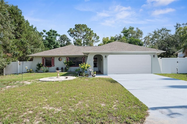 ranch-style house featuring a front lawn and a garage