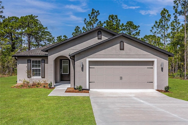 single story home with a front lawn and a garage