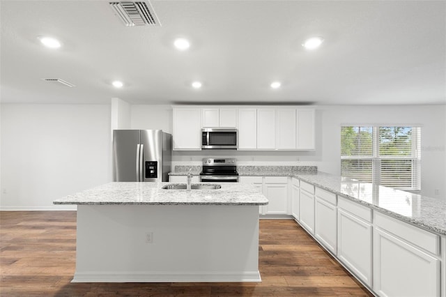 kitchen with a center island with sink, white cabinetry, sink, and appliances with stainless steel finishes