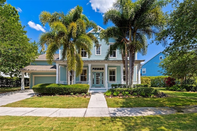 view of front of home with a garage, covered porch, and a front lawn