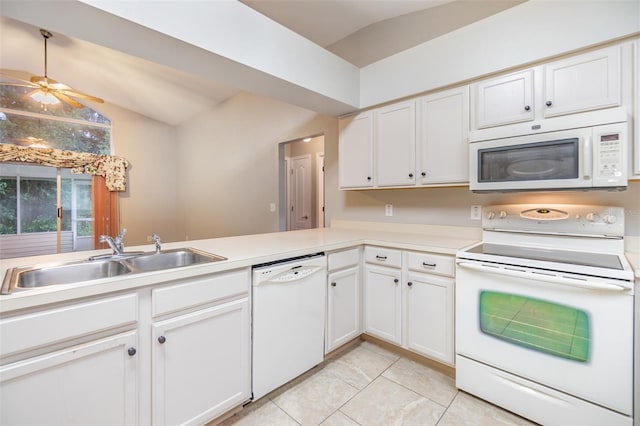 kitchen with white cabinetry, white appliances, kitchen peninsula, and sink