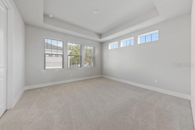 empty room with a raised ceiling and light colored carpet