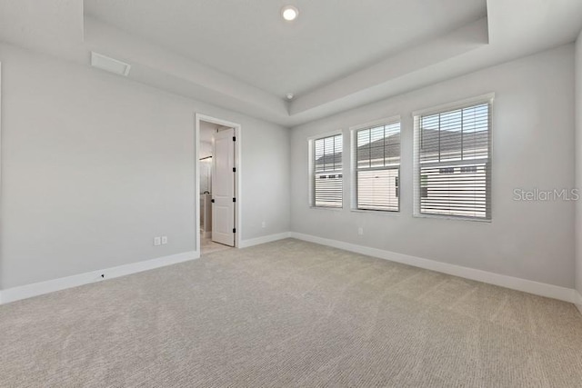 spare room featuring a raised ceiling and light carpet