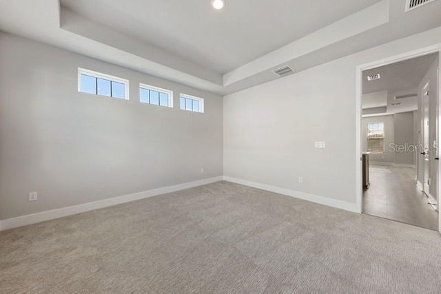 unfurnished room with a raised ceiling and carpet