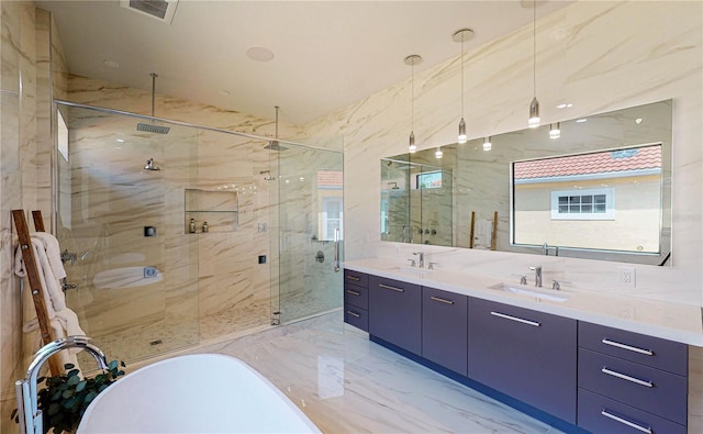 bathroom with vanity and plus walk in shower