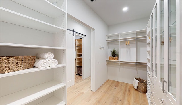 walk in closet featuring wood-type flooring and a barn door