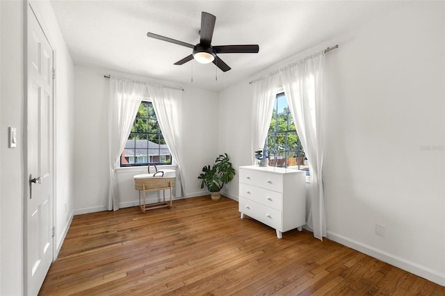 interior space featuring ceiling fan and light wood-type flooring