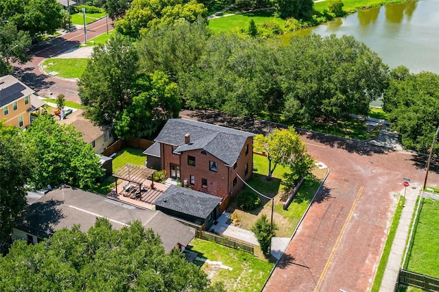 drone / aerial view featuring a water view