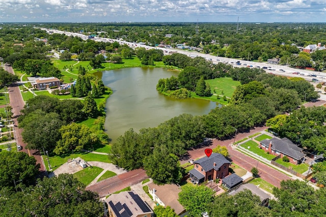 drone / aerial view with a water view