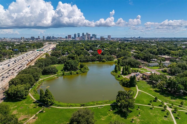 birds eye view of property featuring a water view