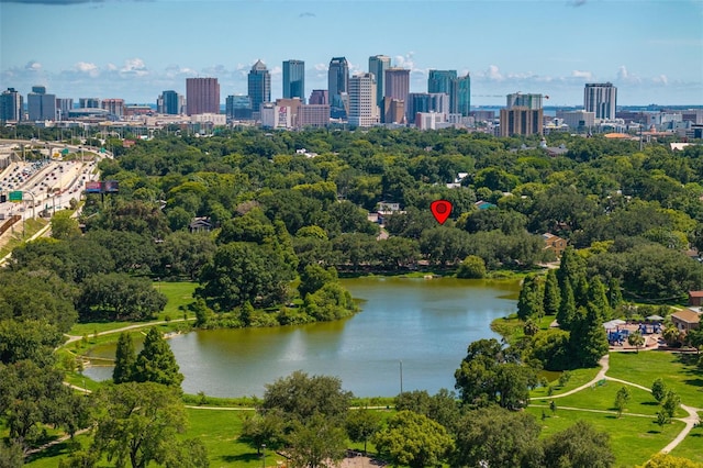 aerial view featuring a water view