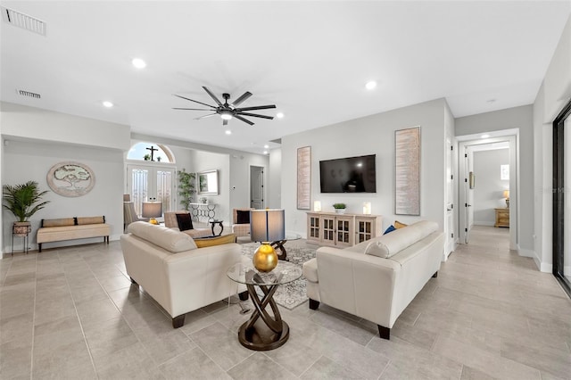 living room featuring ceiling fan