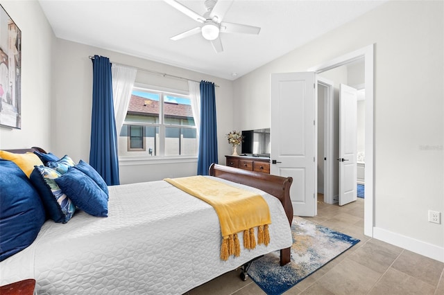 bedroom with light tile patterned floors and ceiling fan