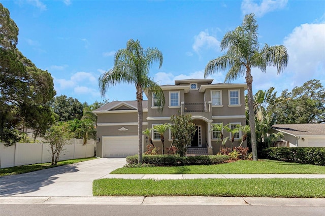 mediterranean / spanish-style house with a balcony, a front lawn, and a garage