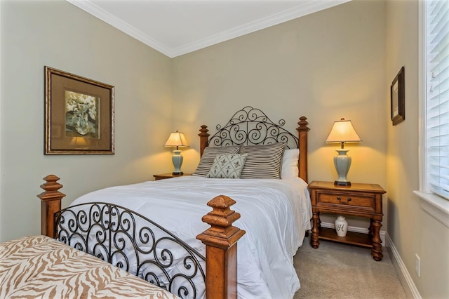 bedroom with light carpet and crown molding