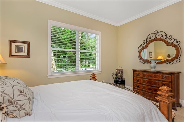 carpeted bedroom featuring ornamental molding