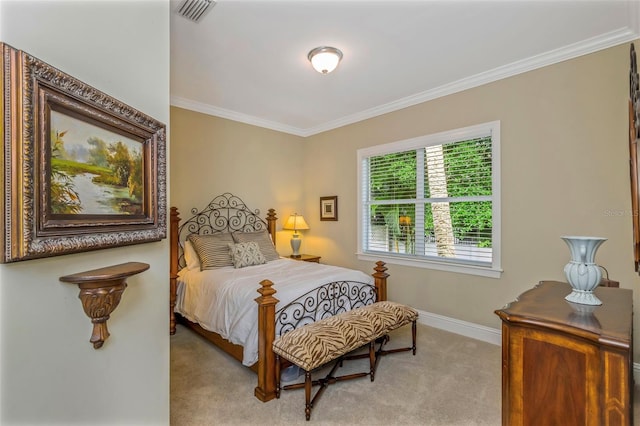 carpeted bedroom with ornamental molding