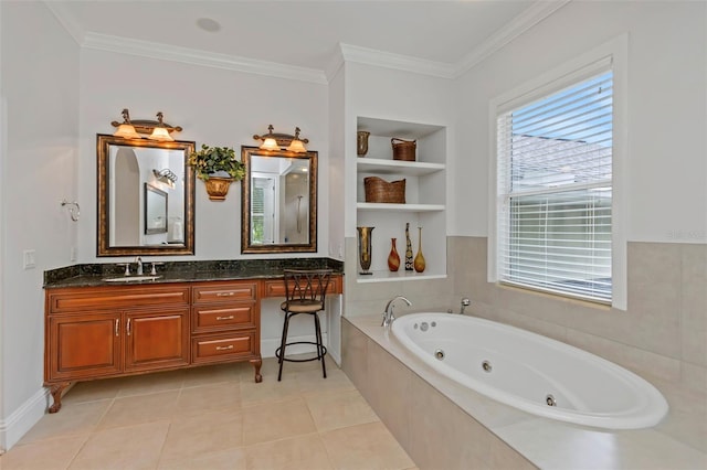 bathroom featuring built in features, tile patterned floors, tiled bath, vanity, and ornamental molding