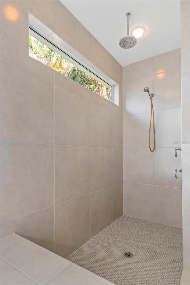 bathroom with tiled shower and plenty of natural light