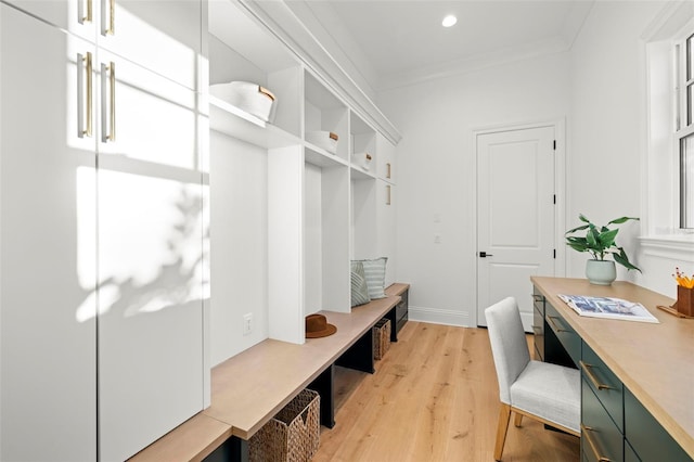 mudroom featuring ornamental molding and light hardwood / wood-style flooring