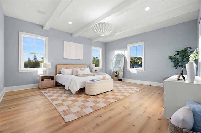 bedroom featuring beam ceiling and light wood-type flooring