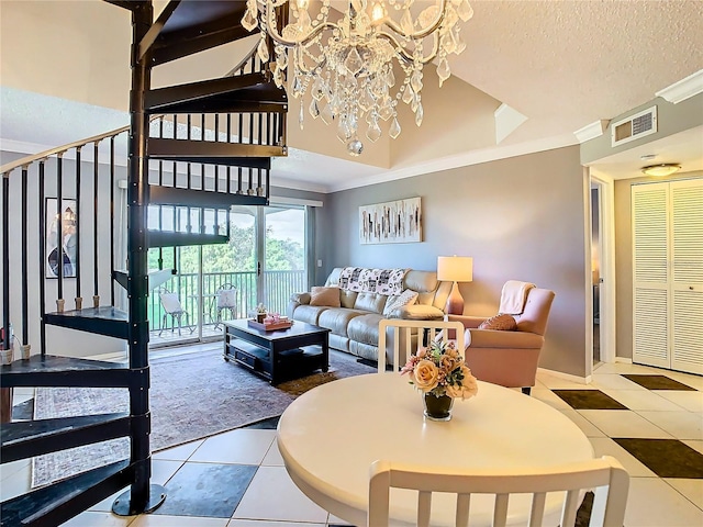 tiled living room with a textured ceiling, an inviting chandelier, and crown molding