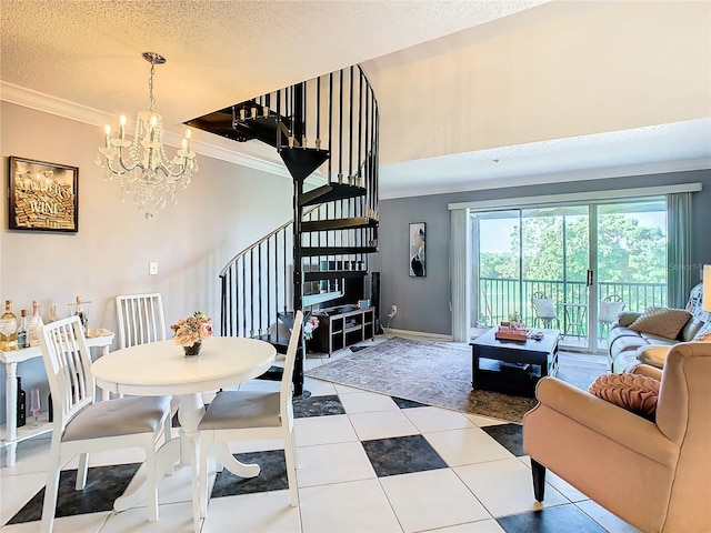 dining area with crown molding, light tile patterned floors, a textured ceiling, and an inviting chandelier