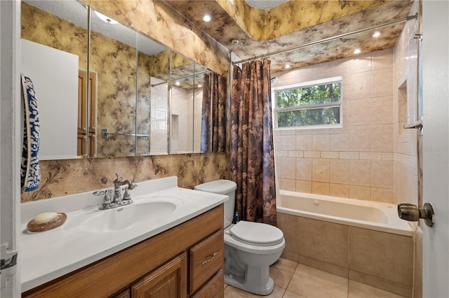 full bathroom with toilet, shower / bath combo with shower curtain, vanity, and tile patterned flooring