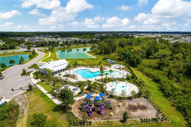 bird's eye view featuring a water view