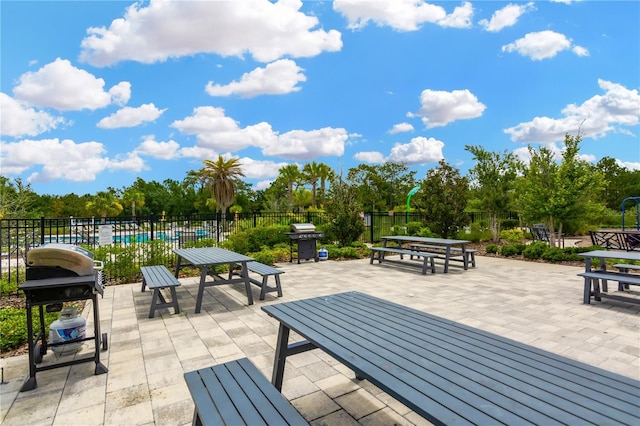 view of patio / terrace featuring a grill and a swimming pool