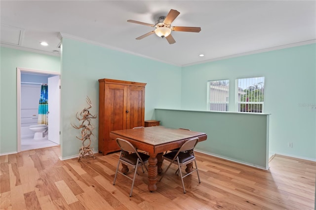 dining space featuring light hardwood / wood-style floors, ceiling fan, and crown molding