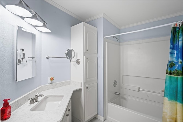 bathroom featuring shower / tub combo with curtain, vanity, and ornamental molding