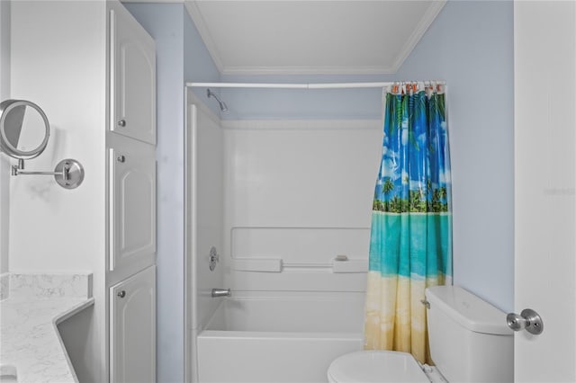 full bathroom featuring vanity, toilet, shower / bath combo with shower curtain, and crown molding