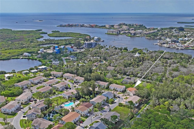 drone / aerial view with a water view