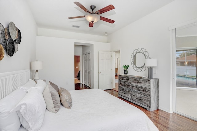 bedroom featuring wood-type flooring and ceiling fan