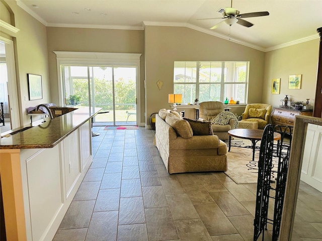 living room featuring ornamental molding, lofted ceiling, ceiling fan, and a healthy amount of sunlight