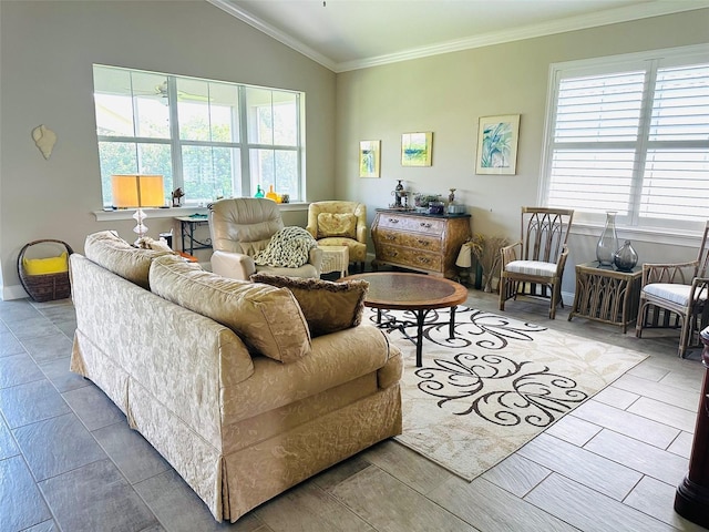 living room with lofted ceiling and ornamental molding