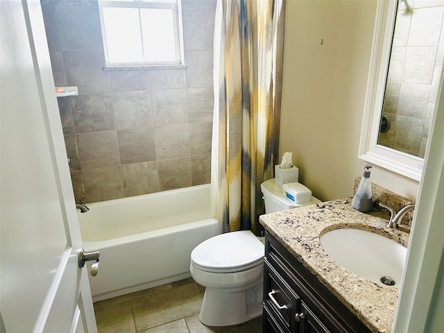 full bathroom featuring toilet, shower / bath combination with curtain, vanity, and tile patterned floors