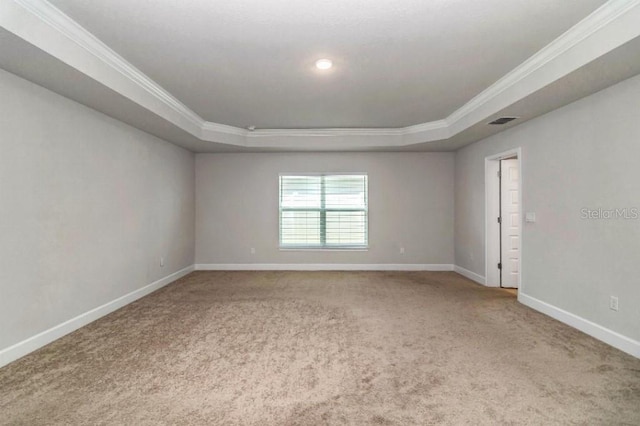 carpeted empty room with a raised ceiling and crown molding