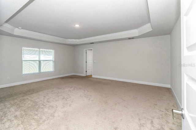 spare room with crown molding, light carpet, and a tray ceiling