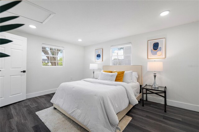 bedroom featuring dark hardwood / wood-style flooring and multiple windows